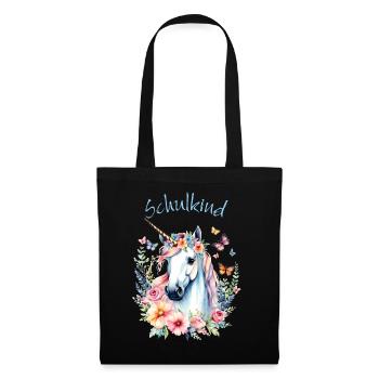 Romantisches Einhorn Blumenkranz - Schulkind 2026 - Stoffbeutel - Schwarz - Vorne