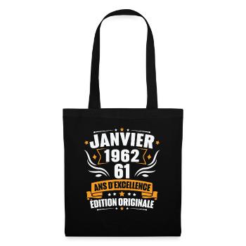 Vintage Cadeau Janvier 1962, 61 Ans Anniversaire - Sac en tissu - noir - Devant
