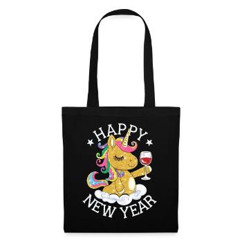 Silvester Einhorn Glitzer Neujahr Happy New Year - Stoffbeutel - Schwarz - Vorne