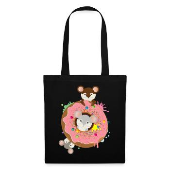 drei putzige Mäuse und ein Donut mit rosa Glasur - Stoffbeutel - Schwarz - Vorne