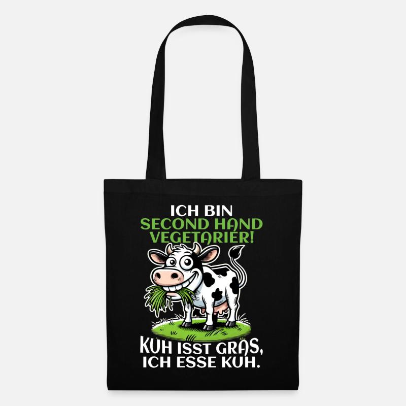 Ich bin Second Hand Vegetarier - Kuh Meme - Stoffbeutel - Schwarz