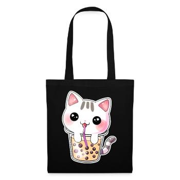 Kawaii Bubble Tea Katze - Stoffbeutel - Schwarz - Vorne