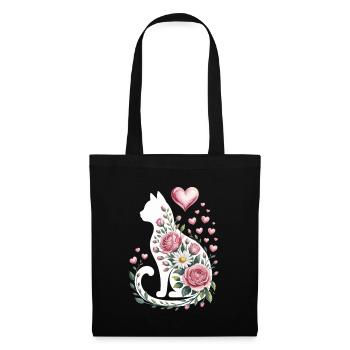 Blumenkatze Silhouette Rosen Herzen - Stoffbeutel - Schwarz - Vorne