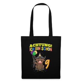 Achtung Ich Bin Schon 9 Geburtstag Büffel Bison - Stoffbeutel - Schwarz - Vorne