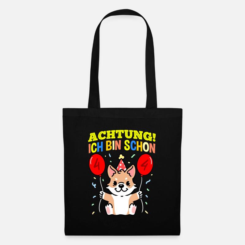 Achtung Ich Bin Schon 4 Tier Geburtstag Corgi - Stoffbeutel - Schwarz