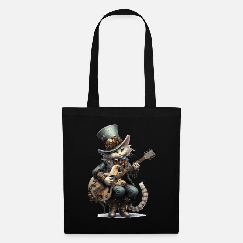 Gitarre spielende Katze Steampunk - Stoffbeutel - Schwarz