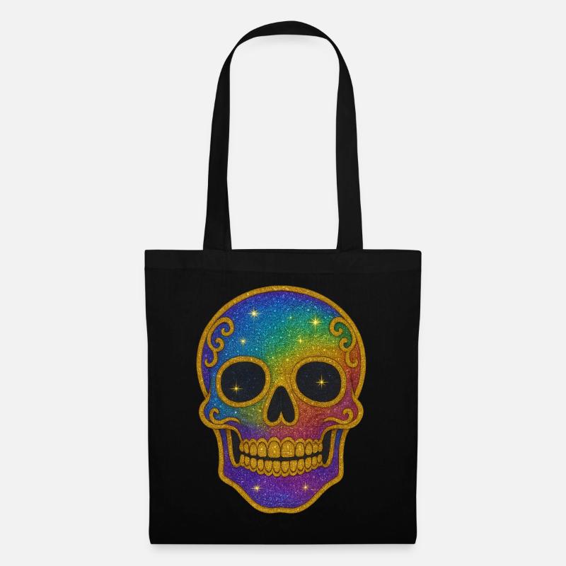Regenbogen Glitzer Totenkopf Halloween - Stoffbeutel - Schwarz