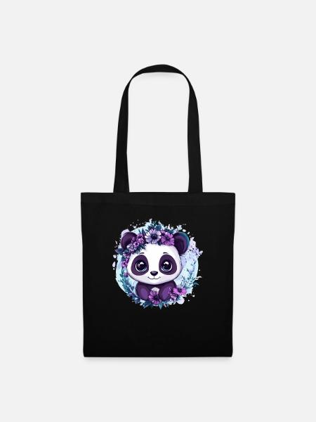 Panda mit Blumenkranz - Stoffbeutel - Schwarz