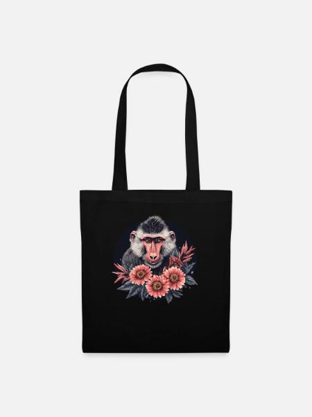 Mandrill mit Blumen - Stoffbeutel - Schwarz