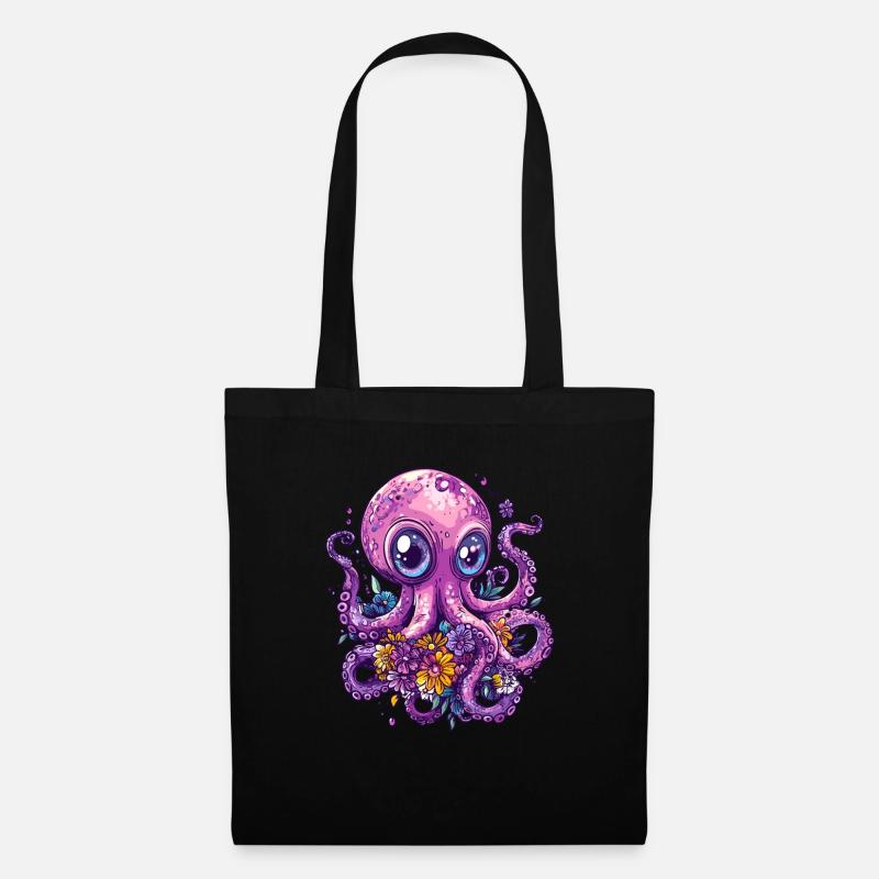 Pieuvre avec des fleurs - Sac en tissu - noir
