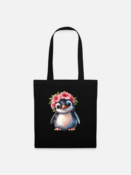 Pinguin mit Blütenkranz - Stoffbeutel - Schwarz