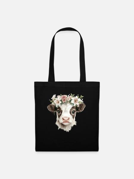 Kalb mit Blumen - Stoffbeutel - Schwarz