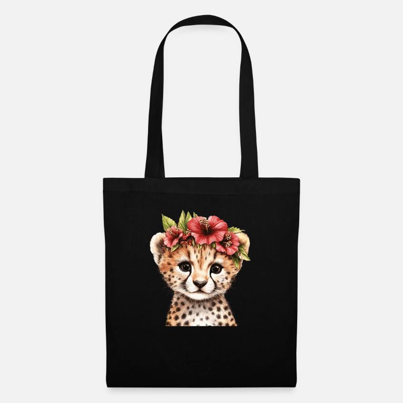 Gepard mit Blumenkranz - Stoffbeutel - Schwarz