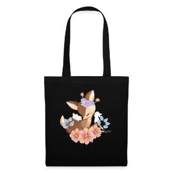 Hirsch mit Blumen - Stoffbeutel - Schwarz - Vorne