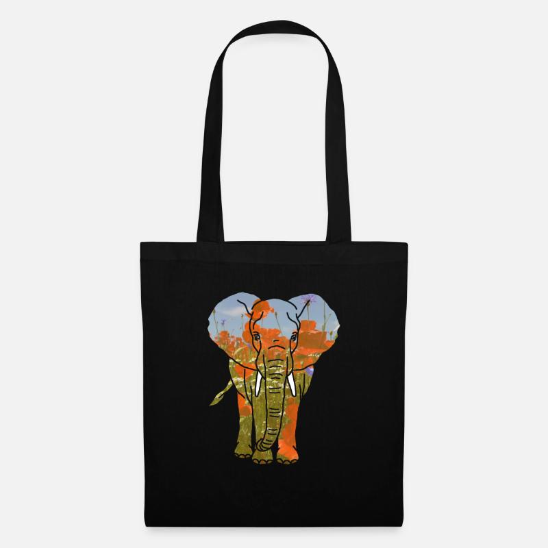 Elefant, Mohnblumen - Stoffbeutel - Schwarz