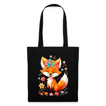 Fox Cute Cute Nature Woodland Animal Drawing Flowers - Tote Bag - black - Front