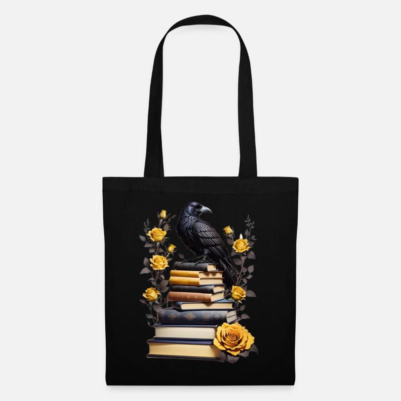 Bücherstapel mit Rabe - Stoffbeutel - Schwarz