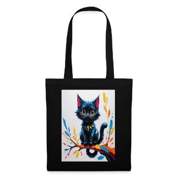 Hellschwarze Katze auf bunten Ast - Stoffbeutel - Schwarz - Vorne