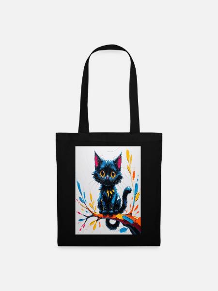 Hellschwarze Katze auf bunten Ast - Stoffbeutel - Schwarz
