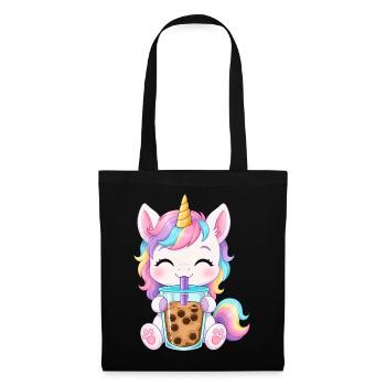 Niedlicher Einhorn mit Bubble Tea - Stoffbeutel - Schwarz - Vorne