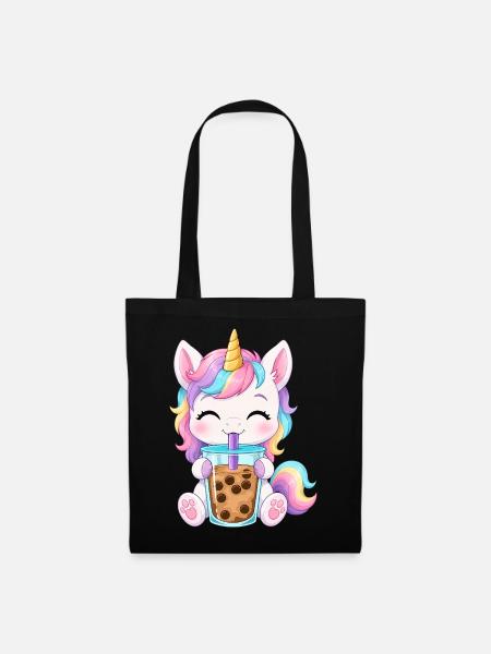 Niedlicher Einhorn mit Bubble Tea - Stoffbeutel - Schwarz