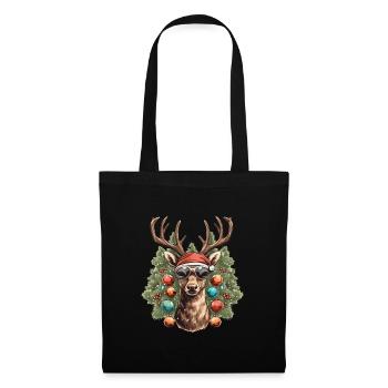 Rentier mit Weihnachtskugeln und Mütze - Stoffbeutel - Schwarz - Vorne