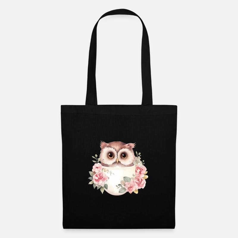 Niedliche Eule mit Rosen in einer Tasse - Stoffbeutel - Schwarz