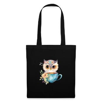 Hibou mignon avec café et fleurs - Sac en tissu - noir - Devant
