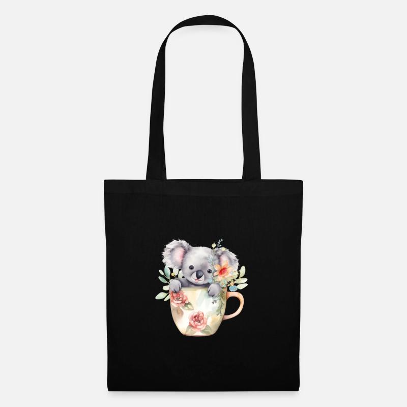 Niedlicher Koala mit Blumen in Kaffee-Tasse - Stoffbeutel - Schwarz