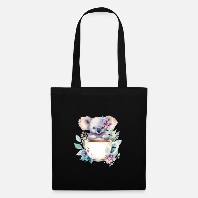 Niedlicher Koala mit Blumen in einer Tasse - Stoffbeutel - Schwarz