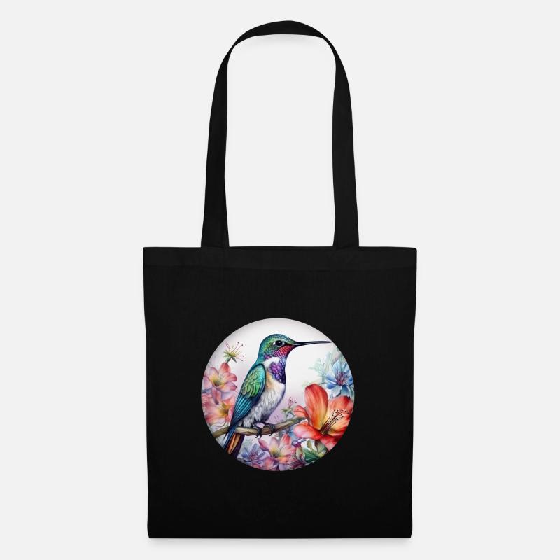 Schöner Kolibri Vogel mit Blumenmuster Blumen - Stoffbeutel - Schwarz