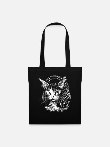 Katze Headset Musik DJ - Stoffbeutel - Schwarz