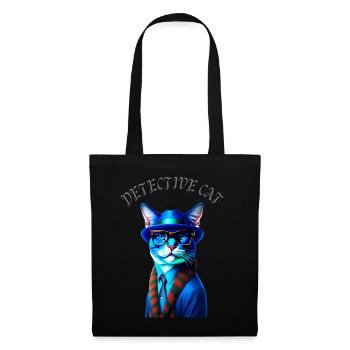 DETECTIVE CAT Blau Katze mit Hut und Brille - Stoffbeutel - Schwarz - Vorne