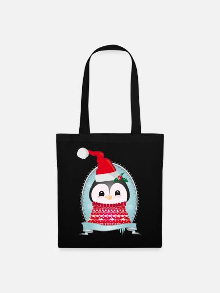 weihnachtlicher Pinguin mit Strickpullover & Mütze - Stoffbeutel - Schwarz