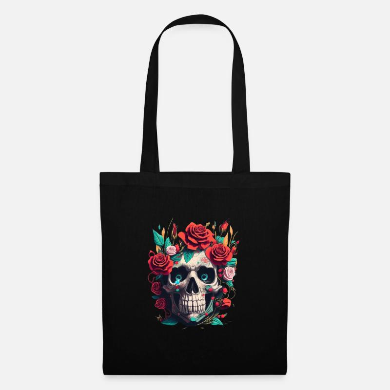 Schädel mit Rosen im Gothic Design - Stoffbeutel - Schwarz