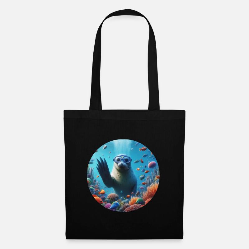 Robbe im Meer mit Taucherbrille - Stoffbeutel - Schwarz