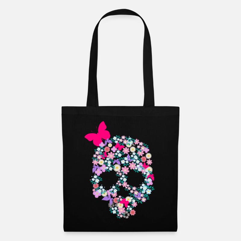 Skulline Skull Totenkopf mit Blumen Schmetterling - Stoffbeutel - Schwarz