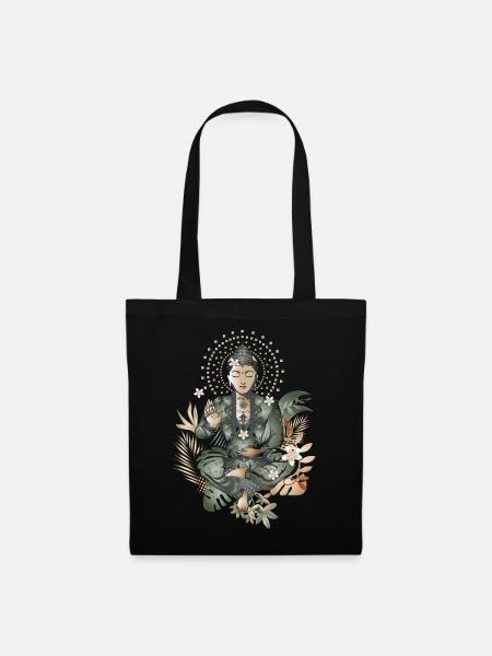 Buddha mit exotischen Blüten & Pflanzen - Stoffbeutel - Schwarz