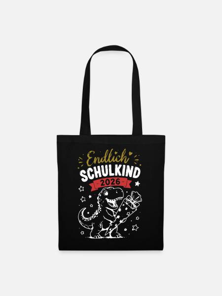 Endlich Schulkind 2026 Dino - Stoffbeutel - Schwarz