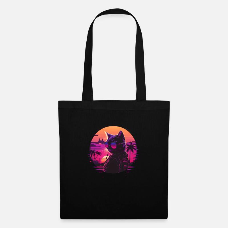 Synthwave cat sunset - Stoffbeutel - Schwarz