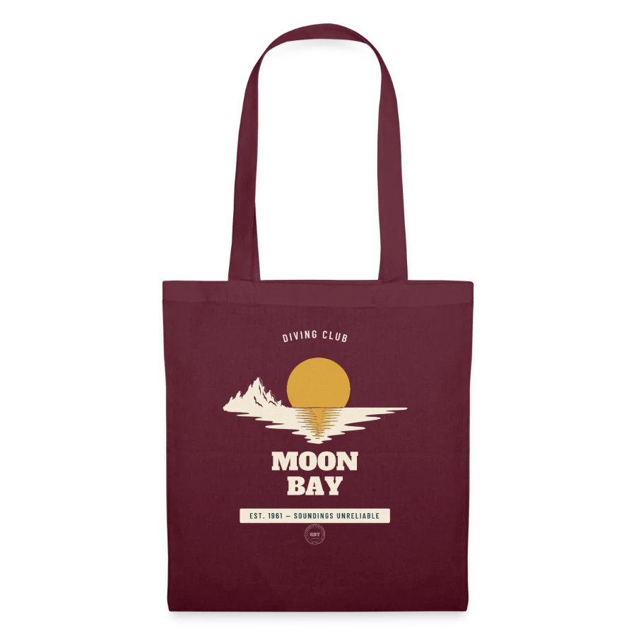 Moon Bay badge on a tote bag, burgundy, front