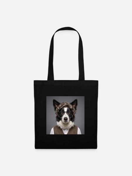 Smart Border Collie mit Brille und Weste - Stoffbeutel - Schwarz
