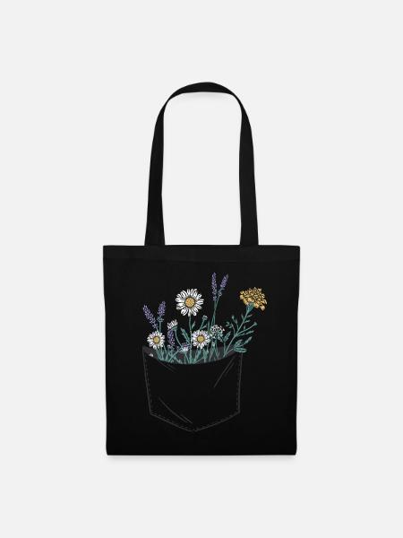 Brusttaschen Aufgezeichnet mit Blumen Frühling - Stoffbeutel - Schwarz