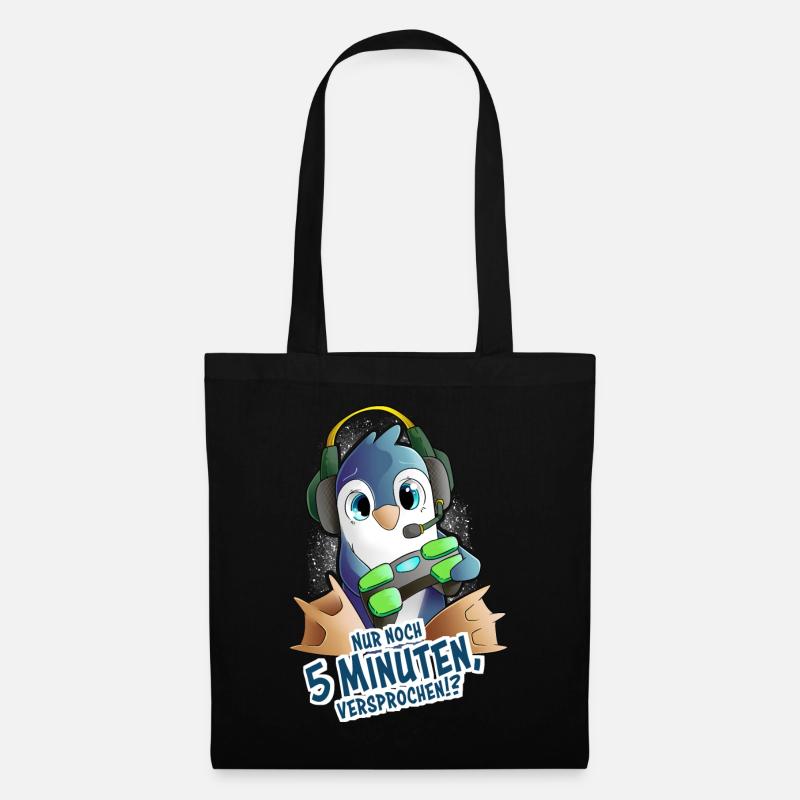Zocker Pinguin - Nur noch 5 Minuten, versprochen!? - Stoffbeutel - Schwarz