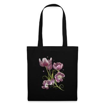 Tulpen und Sterne, Mixed Media Kunstwerk - Stoffbeutel - Schwarz - Vorne