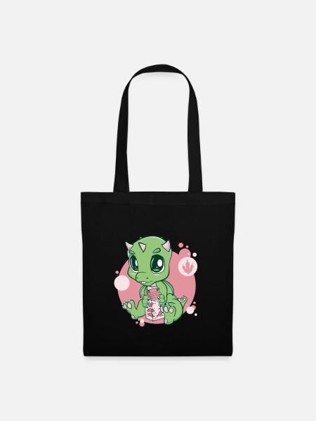 Cute Dragon And Strawberry Milk Boba Bubble Tea - Stoffbeutel - Schwarz