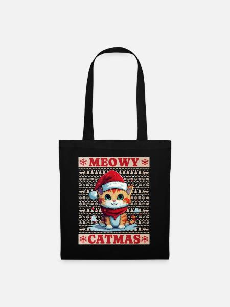 Katze Weihnachten Merry Meowy Catmas Ugly Süß - Stoffbeutel - Schwarz