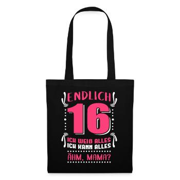 Endlich 16 Geburtstag | Geschenk Mädchen - Stoffbeutel - Schwarz - Vorne