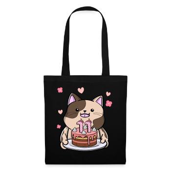 Un chat potelé tient un gâteau d’anniversaire 11. - Sac en tissu - noir - Devant