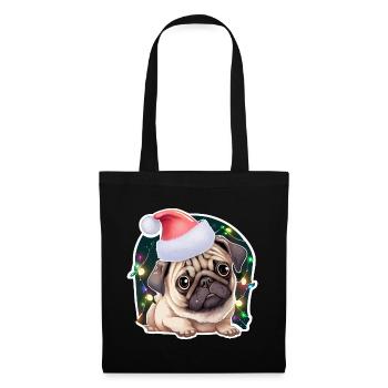 Carlin avec chapeau de Noël et guirlandes lumineuses - Sac en tissu - noir - Devant